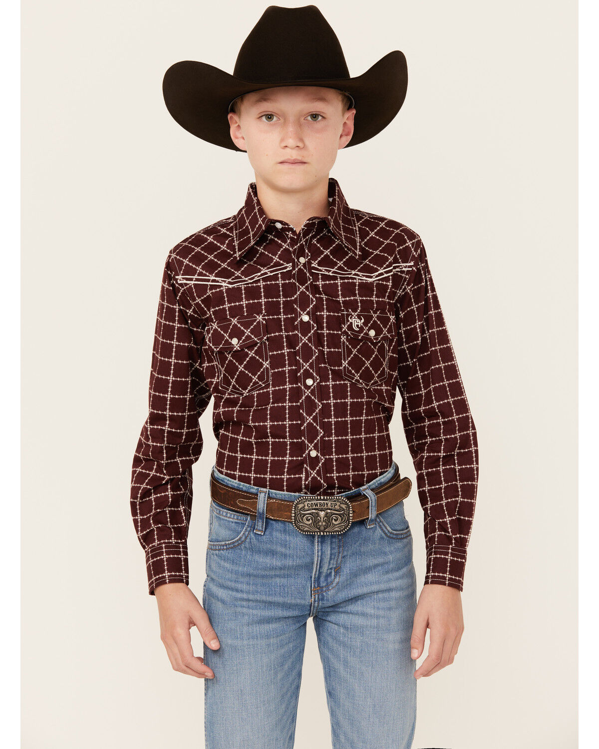Image #1 - Cowboy Hardware Boys' Barbed Wire Long Sleeve Snap Western Shirt, Rust Copper, hi-res