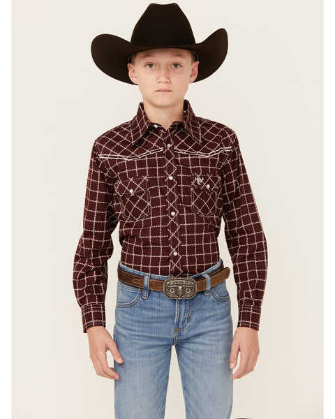 Cowboy Hardware Boys' Barbed Wire Long Sleeve Snap Western Shirt , Rust Copper, hi-res