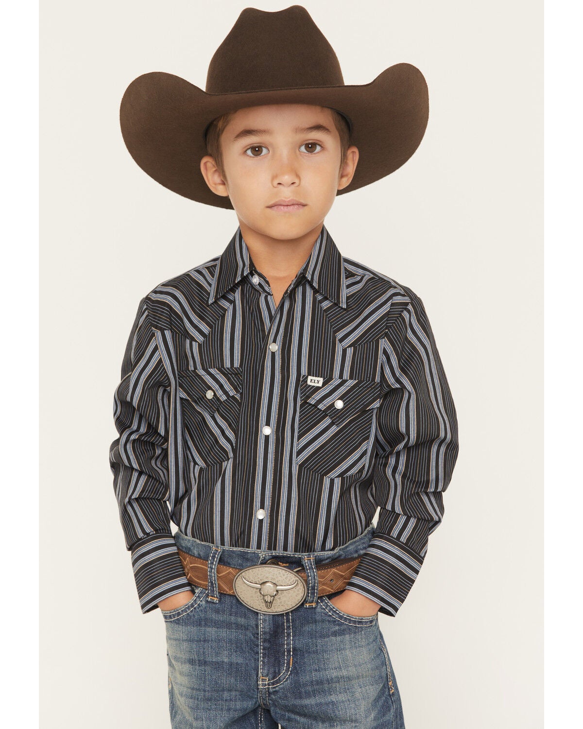 Ely Walker Boys' Striped Long Sleeve Pearl Snap Western Shirt, Black, hi-res