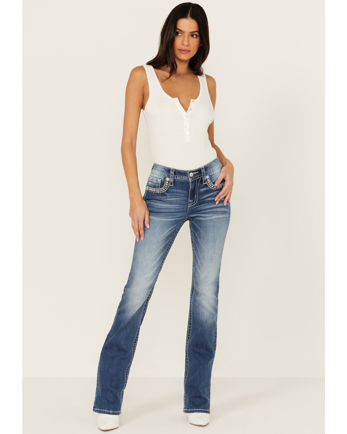 Image #3 - Miss Me Women's Medium Wash Mid Rise Border Flap Bootcut Stretch Denim Jeans, Medium Wash, hi-res