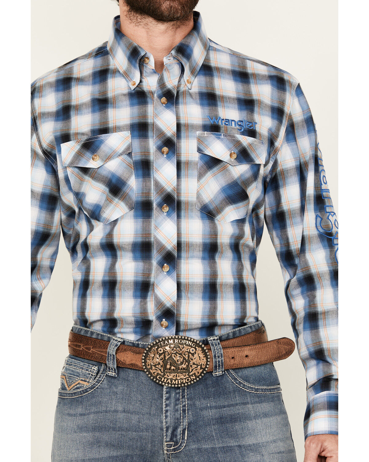 Image #3 - Wrangler Men's Logo Plaid Print Long Sleeve Button-Down Western Shirt, Blue, hi-res