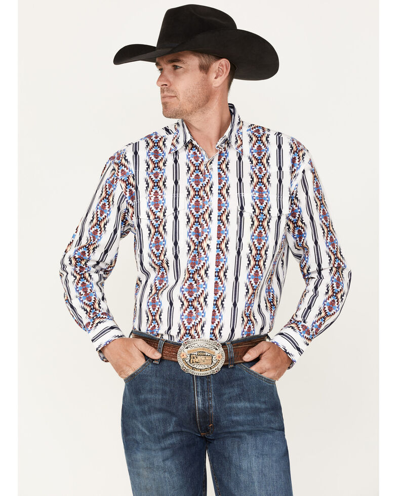 Wrangler Men's Multi Checotah Southwestern Print Long Sleeve Snap Western Shirt , White, hi-res