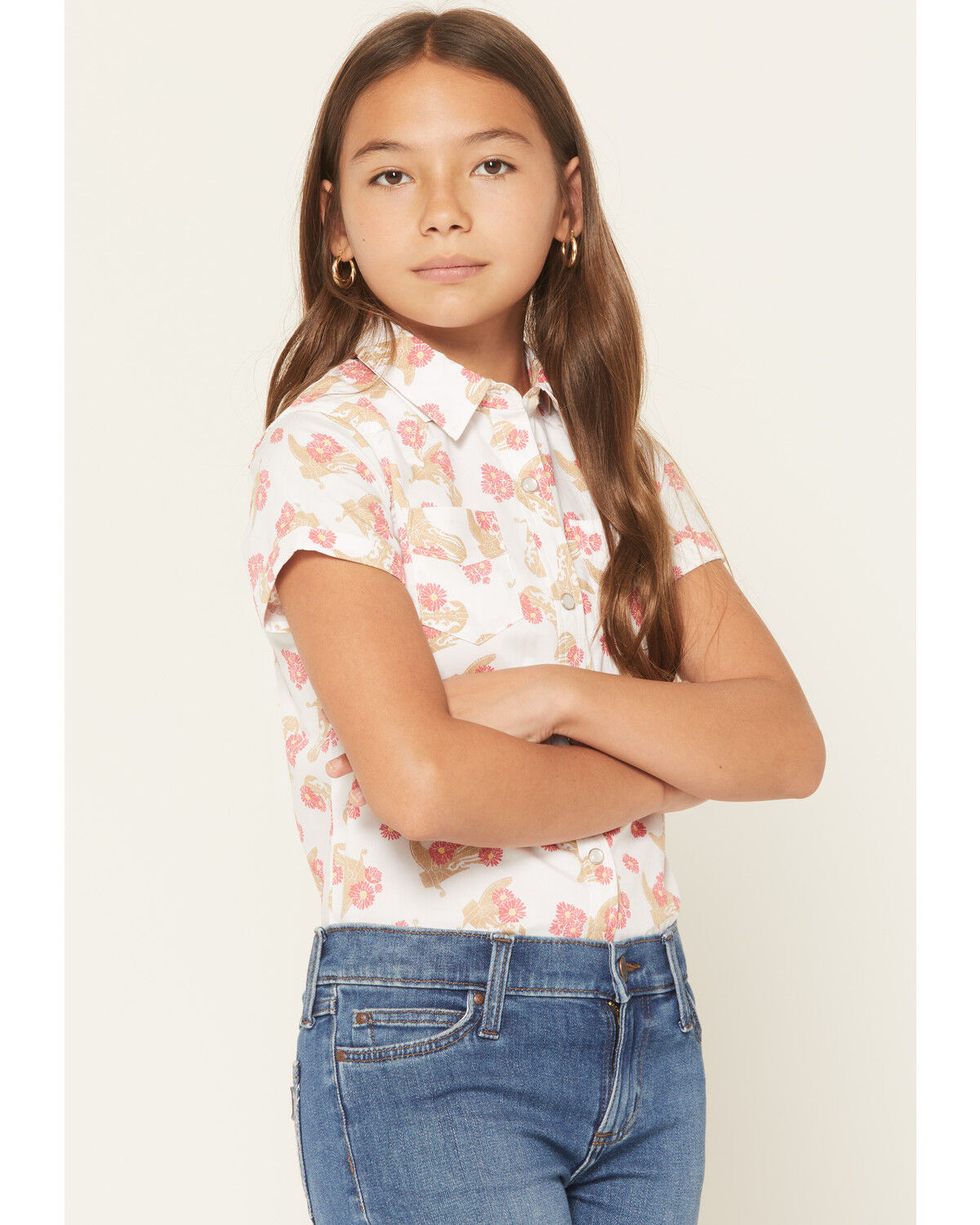 Image #2 - Wrangler Girls' Floral Print Short Sleeve Snap Western Shirt, White, hi-res