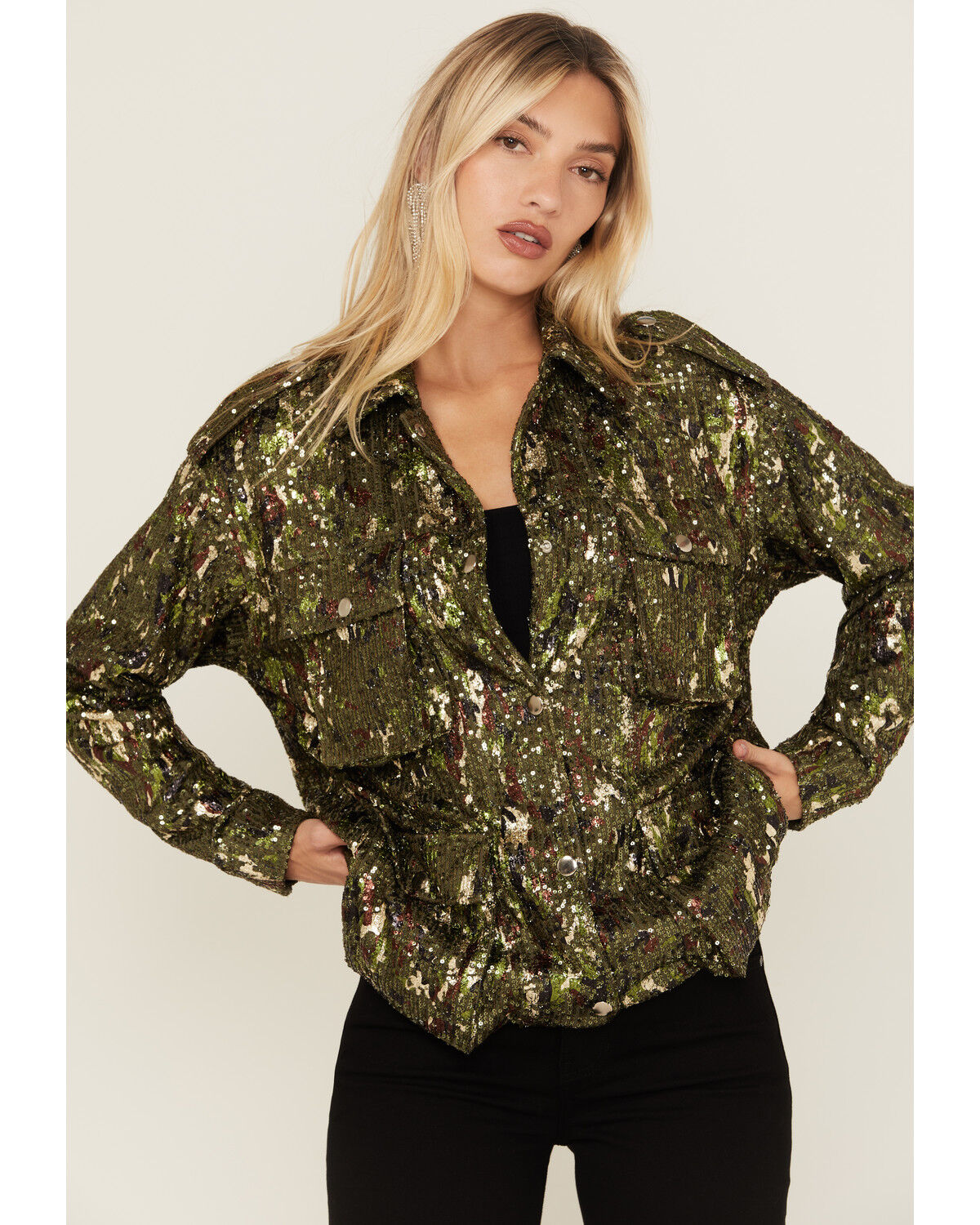 Image #2 - Miss Me Women's Camo Print Sequins Utility Jacket, Green, hi-res