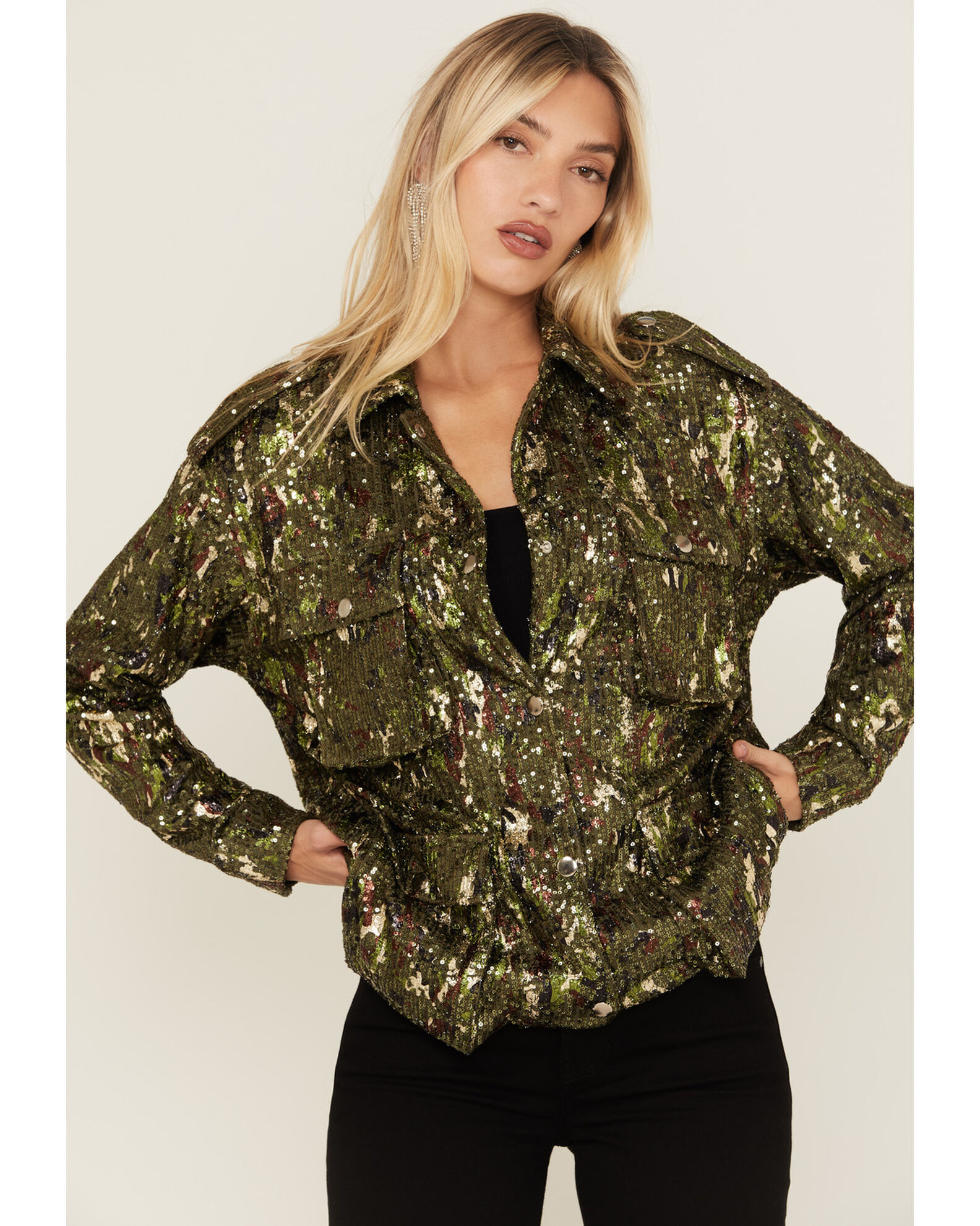 Product Name: Miss Me Women's Camo Print Sequins Utility Jacket