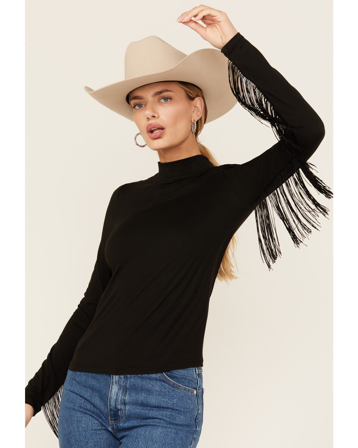 Image #1 - Rock & Roll Denim Women's Solid Fringe Long Sleeve Shirt, Black, hi-res