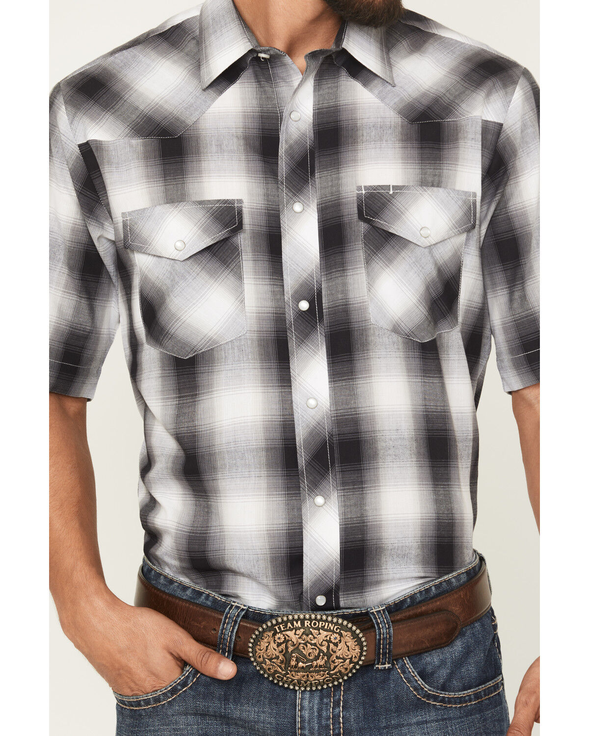 Image #3 - Roper Men's Plaid Print Short Sleeve Snap Western Shirt, Grey, hi-res