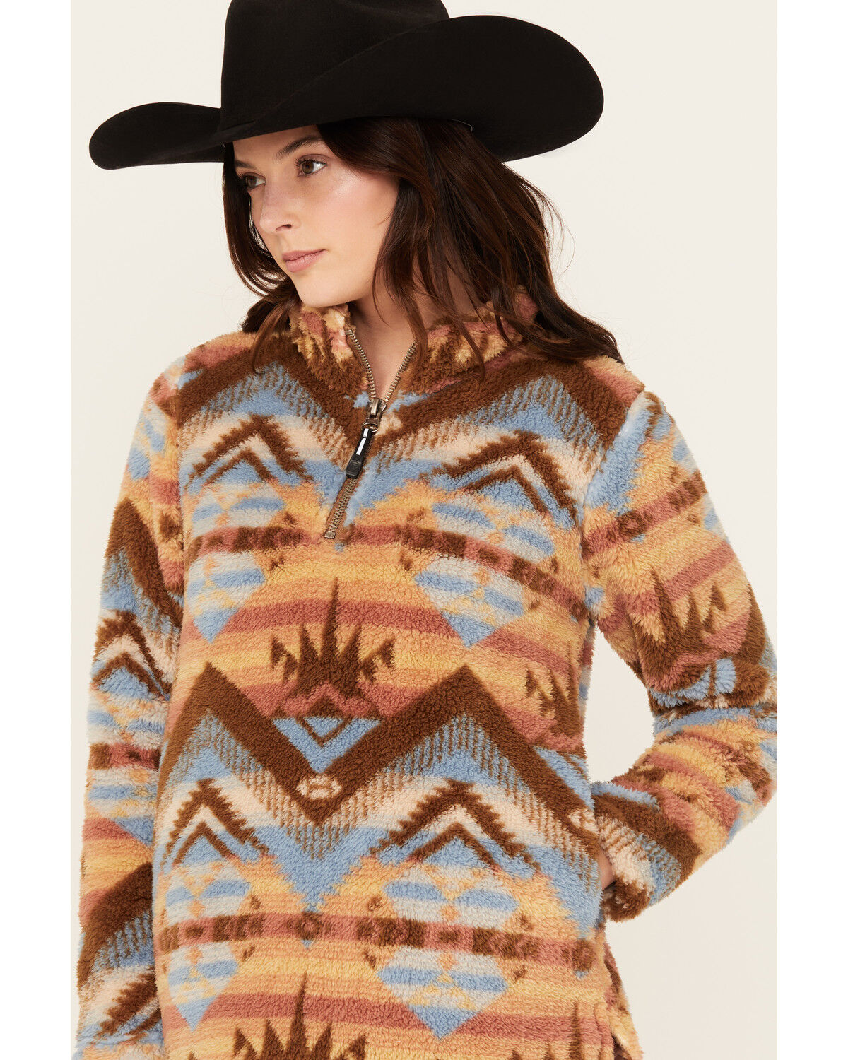 Image #2 - Roper Women's Southwestern Print Sherpa 1/4 Zip Pullover, Beige, hi-res