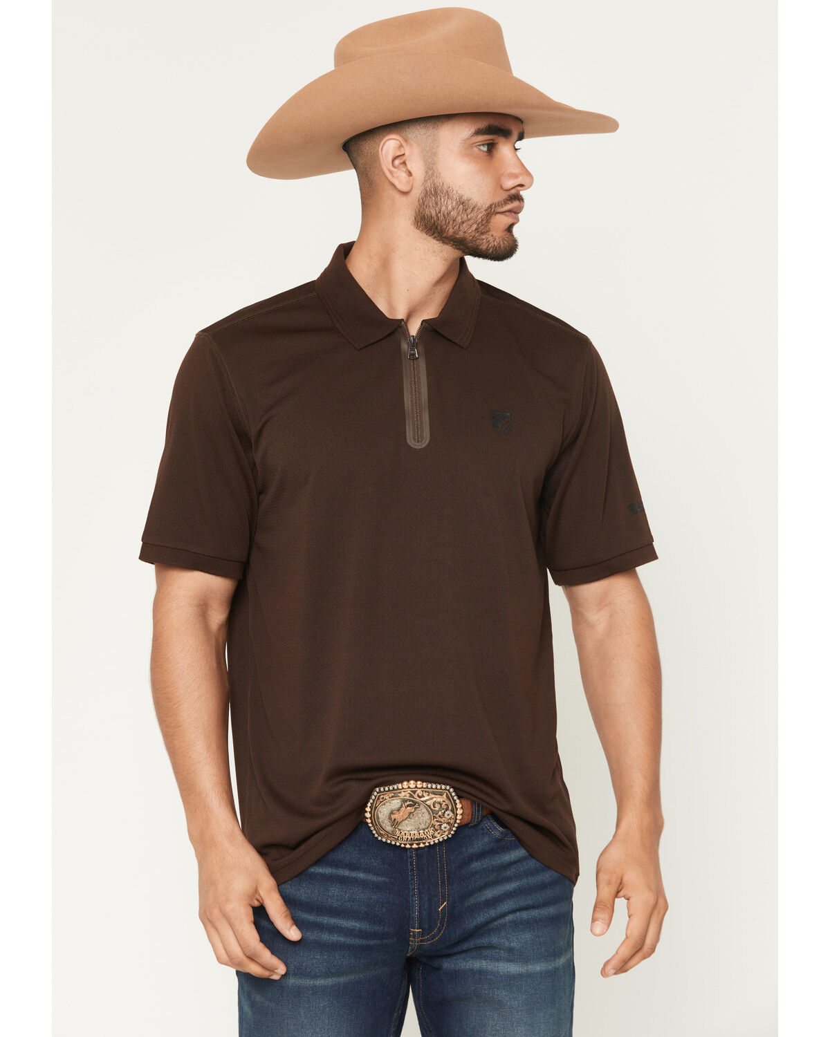 Image #1 - RANK 45® Men's Rigged Solid Zipper Polo, Brown, hi-res