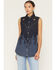 Image #1 - Wrangler X Lainey Wilson Women's Dark Wash Flame Denim Sleeveless Snap Western Shirt, Dark Wash, hi-res
