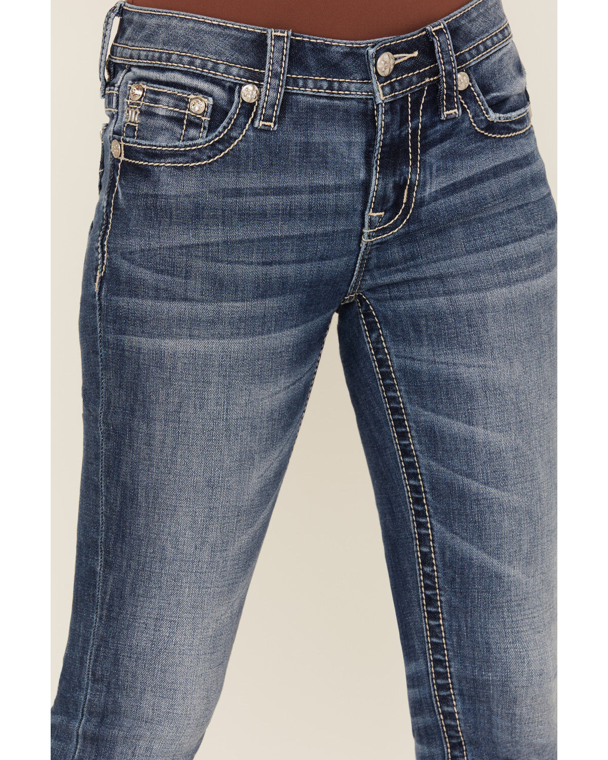 Image #2 - Miss Me Women's Medium Wash Mid Rise Bootcut Stretch Denim Jeans, Medium Wash, hi-res