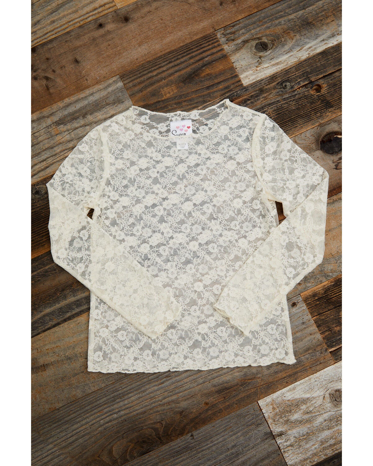 Sugar California Girls' Long Sleeve Lace Layering Top, Ivory, hi-res