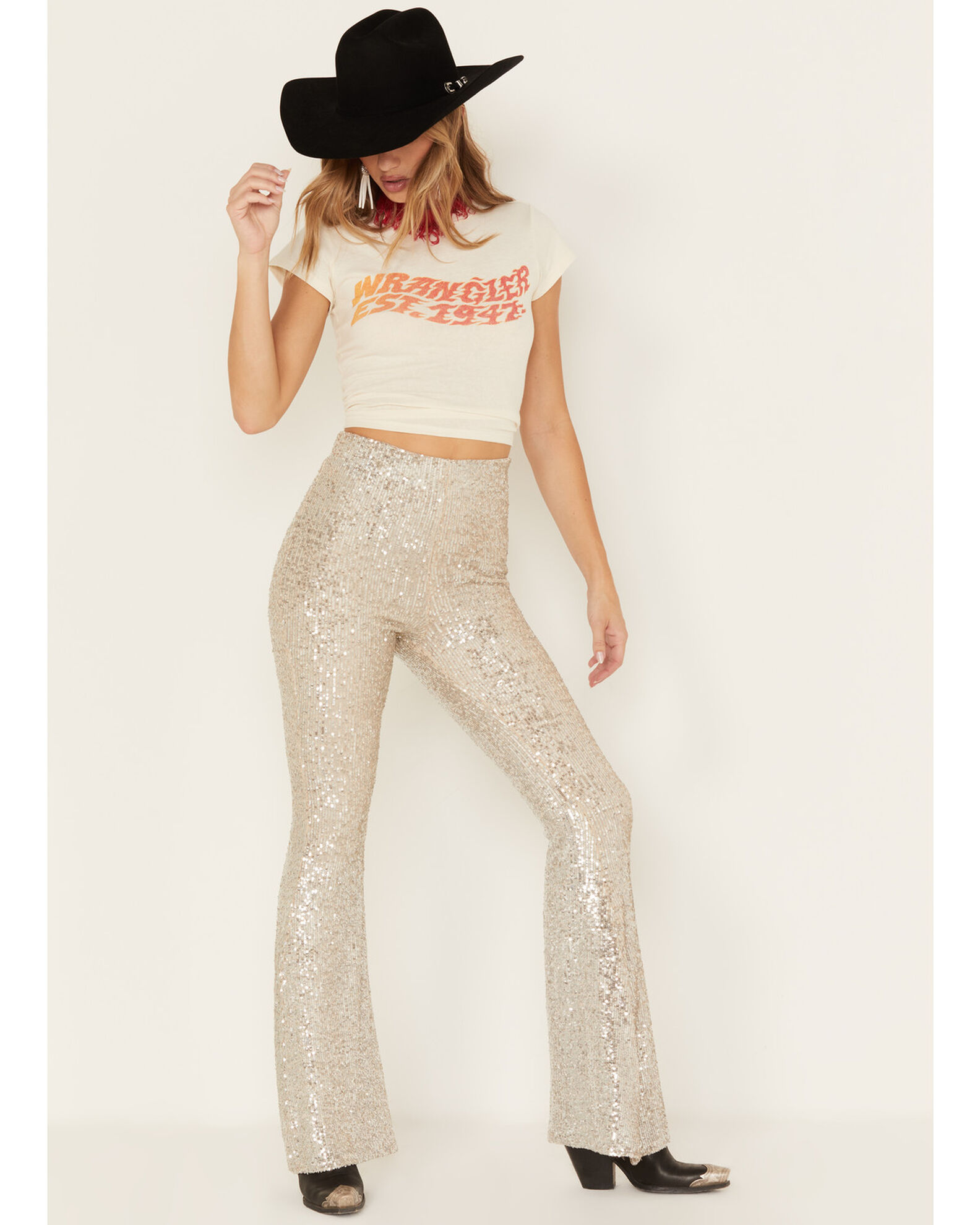 Show Me Your Mumu Women s Sequins Mercury Bell Bottom Pants