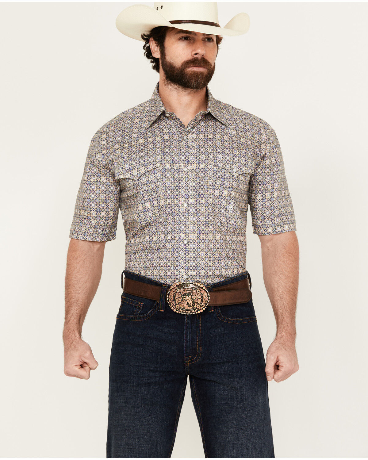Image #1 - Roper Men's Amarillo Mini Medallion Print Short Sleeve Snap Western Shirt, Beige, hi-res