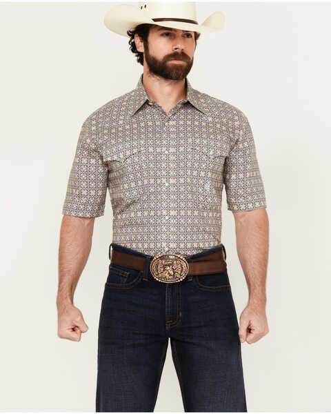 Image #1 - Roper Men's Amarillo Mini Medallion Print Short Sleeve Snap Western Shirt , Beige, hi-res