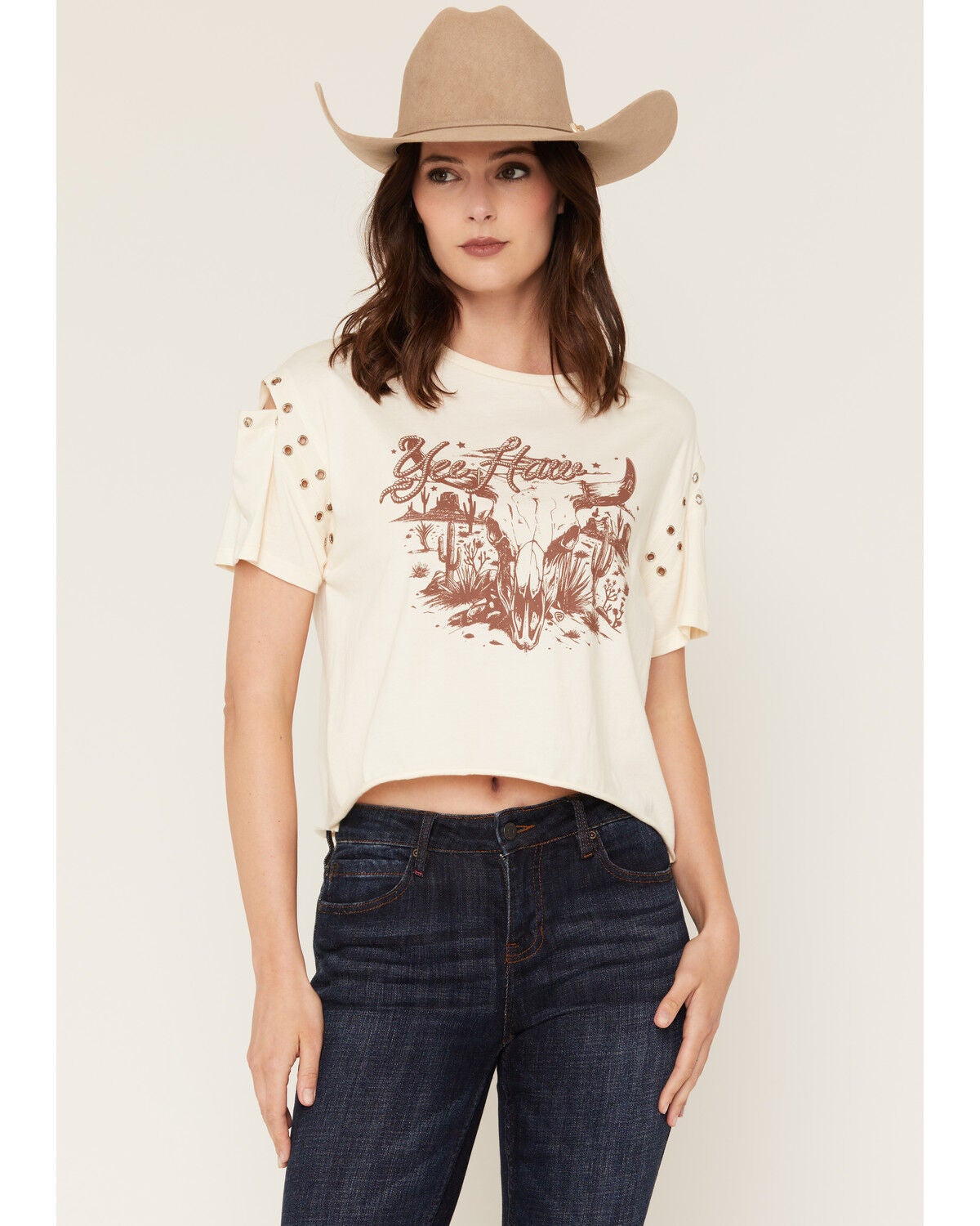 Rock & Roll Denim Women's Western Steer Short Sleeve Graphic Tee, Cream, hi-res