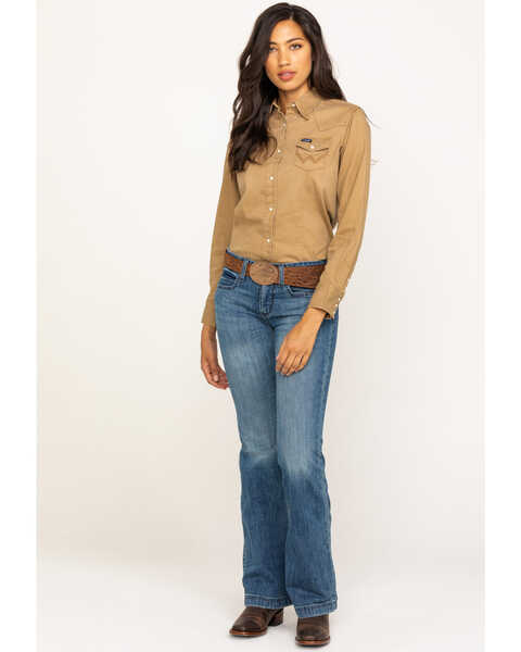 Image #7 - Wrangler Women's Solid Long Sleeve Snap Western Shirt, Tan, hi-res
