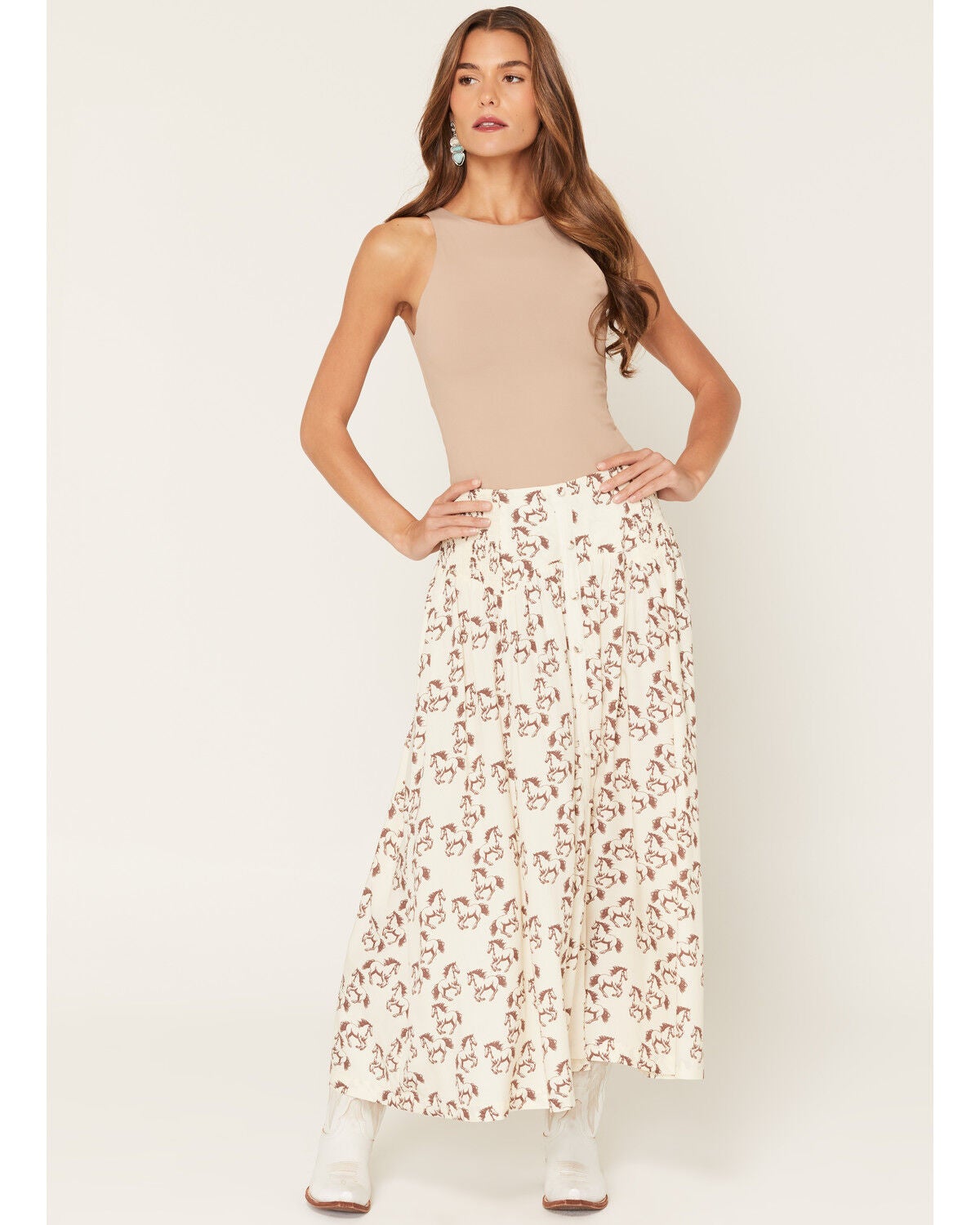 Image #1 - Rock & Roll Denim Women's Boot Barn Exclusive Horse Print Faux Button Midi Skirt, Natural, hi-res