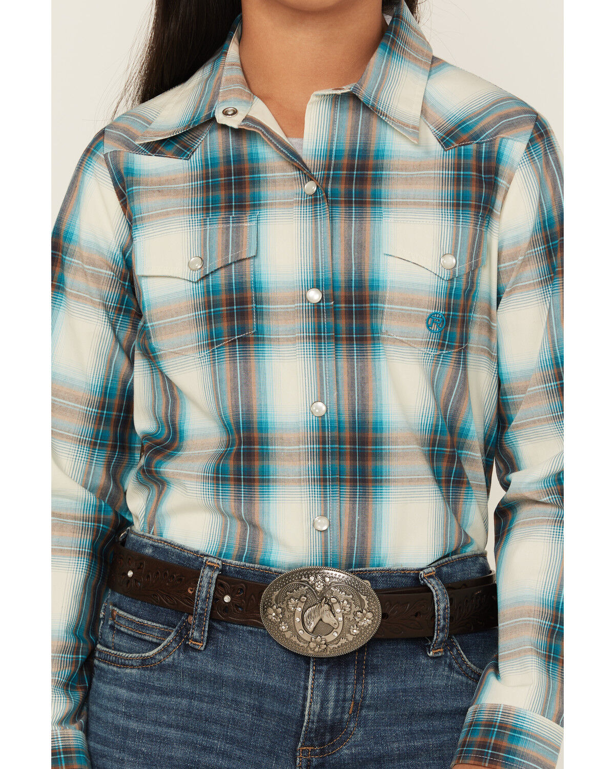 Image #3 - Roper Girls' Plaid Print Long Sleeve Snap Western Shirt, Brown, hi-res