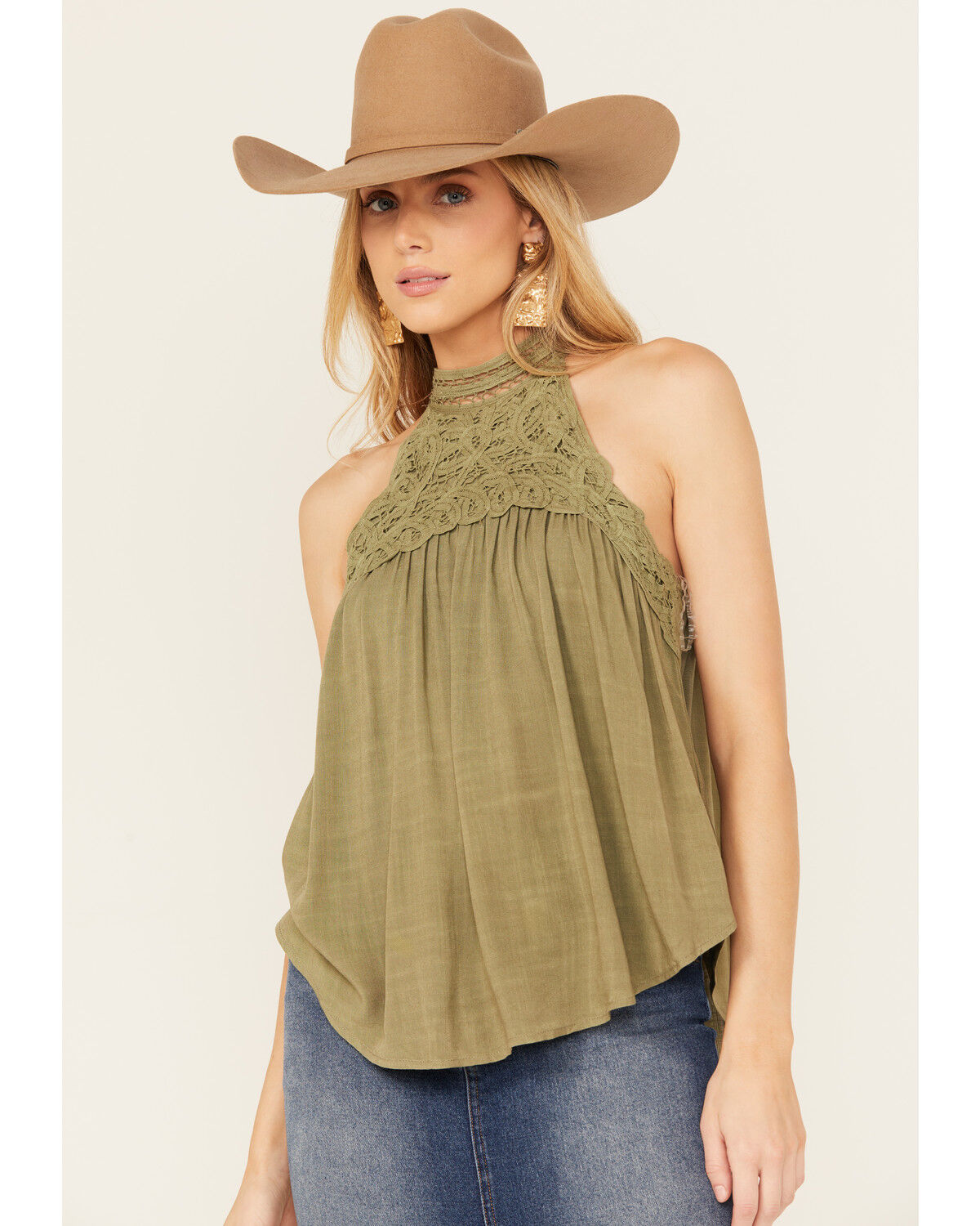 Image #1 - Eyeshadow Women's Battenburg Lace Tank, Olive, hi-res