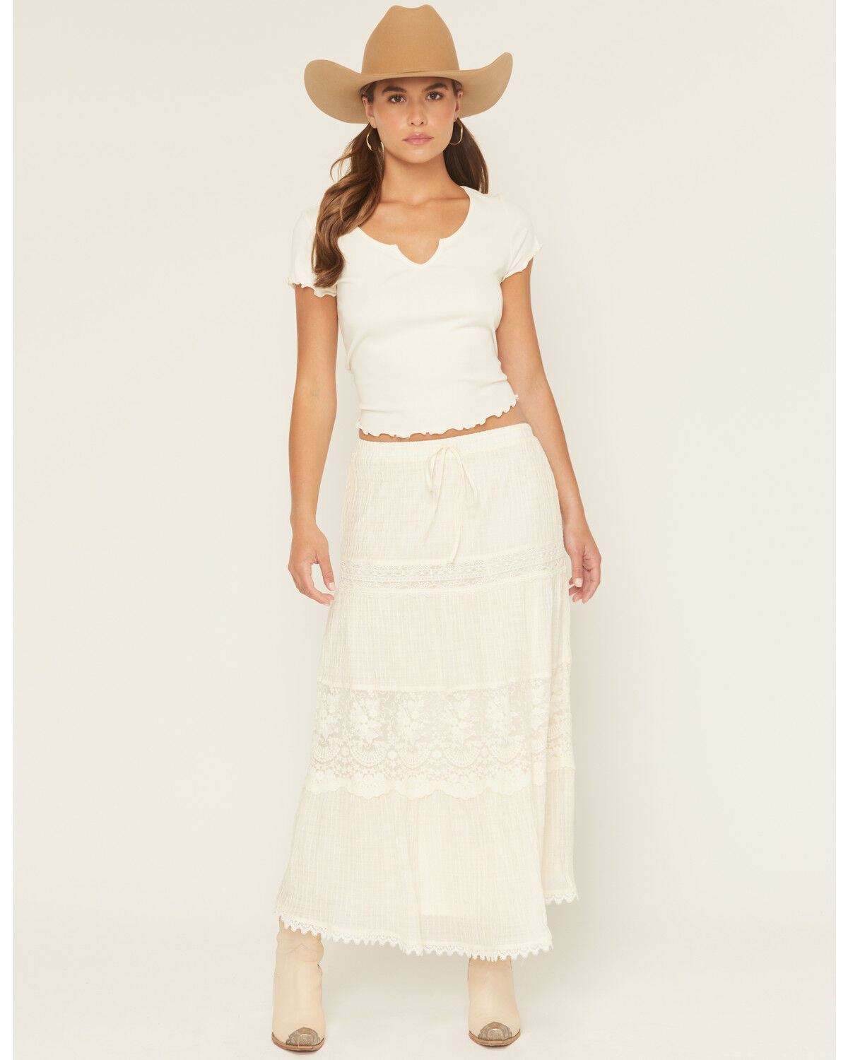 Image #1 - Listicle Women's Tiered Lace Midi Skirt, Cream, hi-res