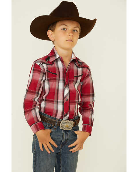 Image #1 - Roper Boys' Plaid Print Embroidered Bull Yoke Long Sleeve Snap Western Shirt , Red, hi-res