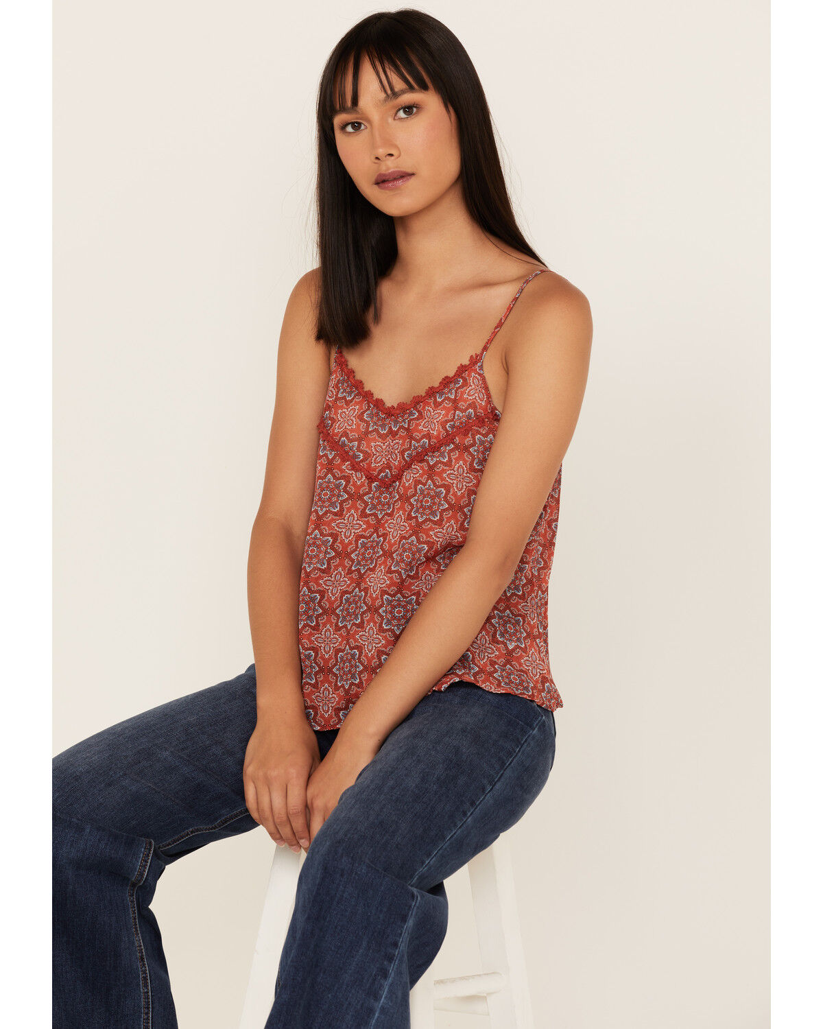 Image #1 - Wild Moss Women's Medallion Print Crochet Trim Cami, Red, hi-res