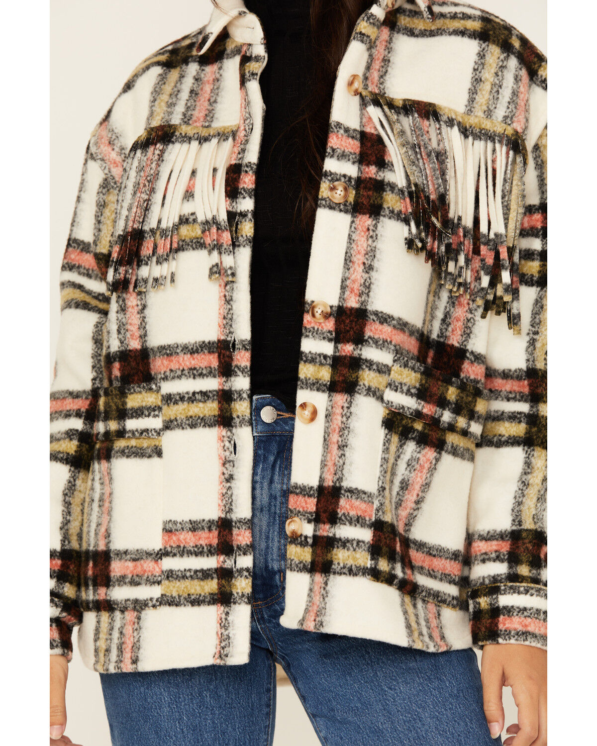 Image #3 - Rock & Roll Denim Women's Plaid Print Fringe Shacket, Natural, hi-res