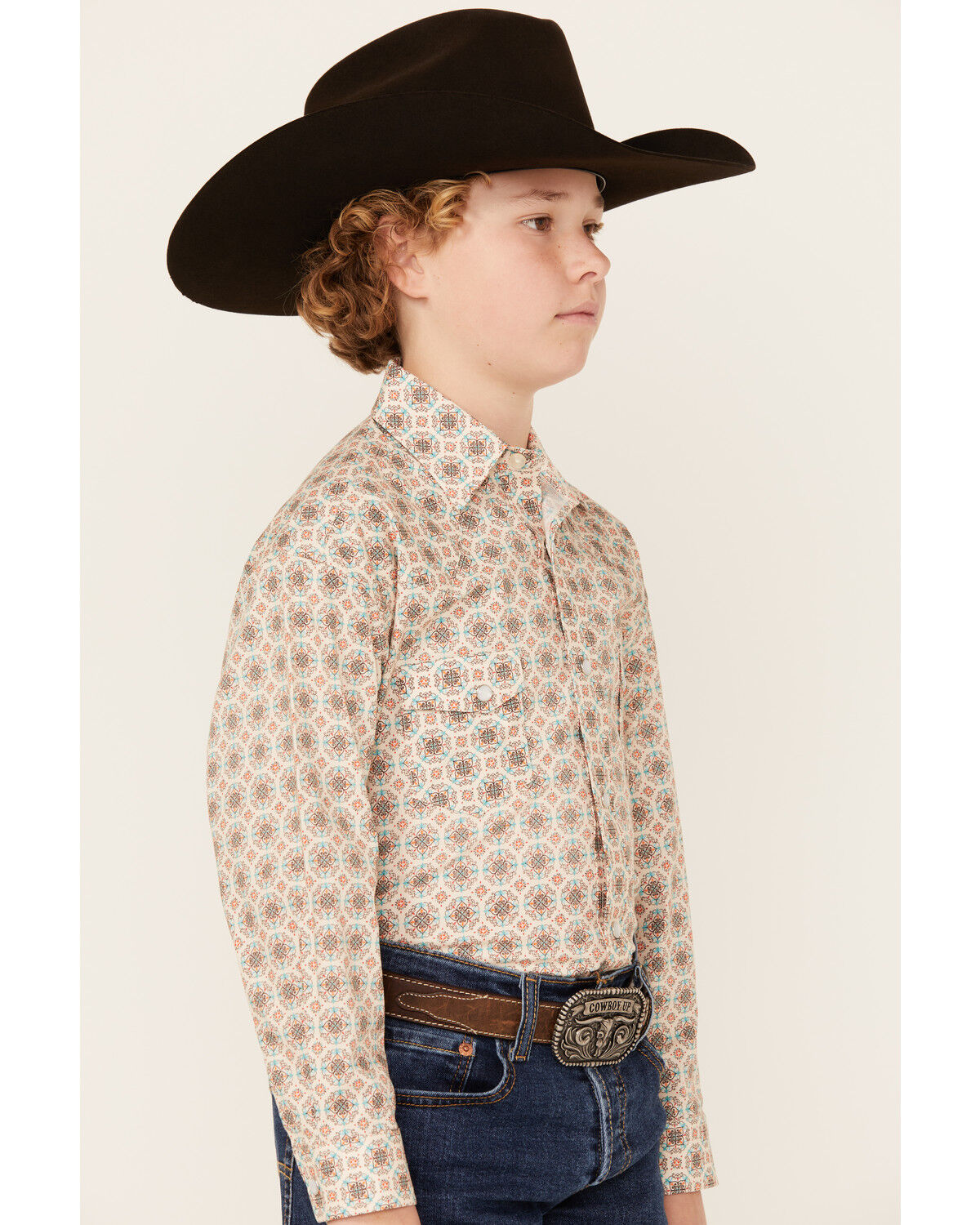 Image #2 - Rock & Roll Denim Boys Geo Print Long Sleeve Pearl Stretch Snap Western Shirt, Cream, hi-res