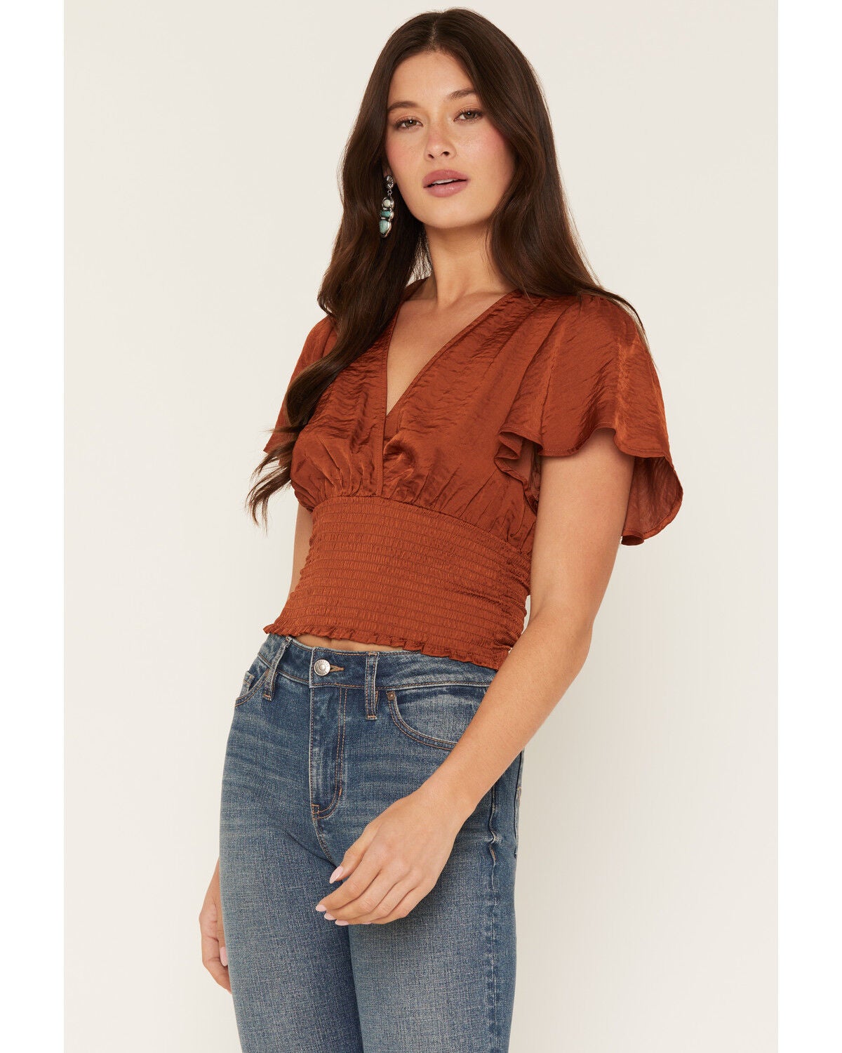 Shyanne Women's Millie Flutter Sleeve Smocked Waist Cropped Top, Brown, hi-res