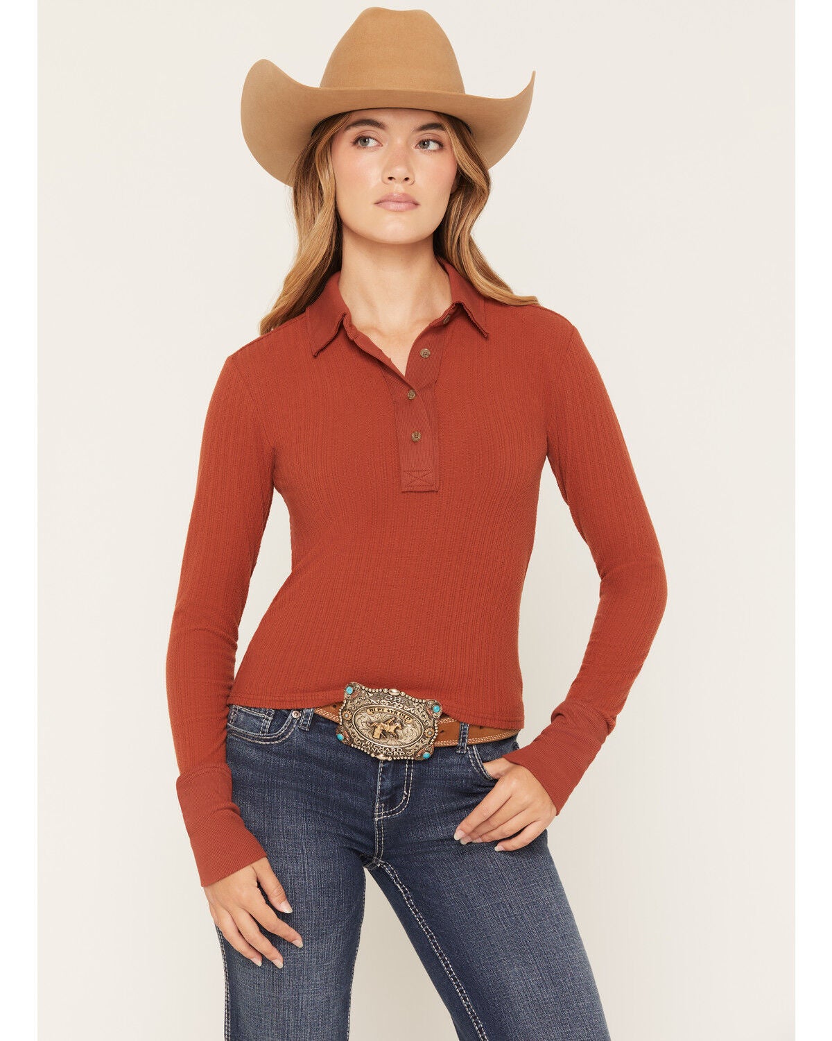 Shyanne Women's Contrast Cuff Collar Long Sleeve Top, Saddle, hi-res