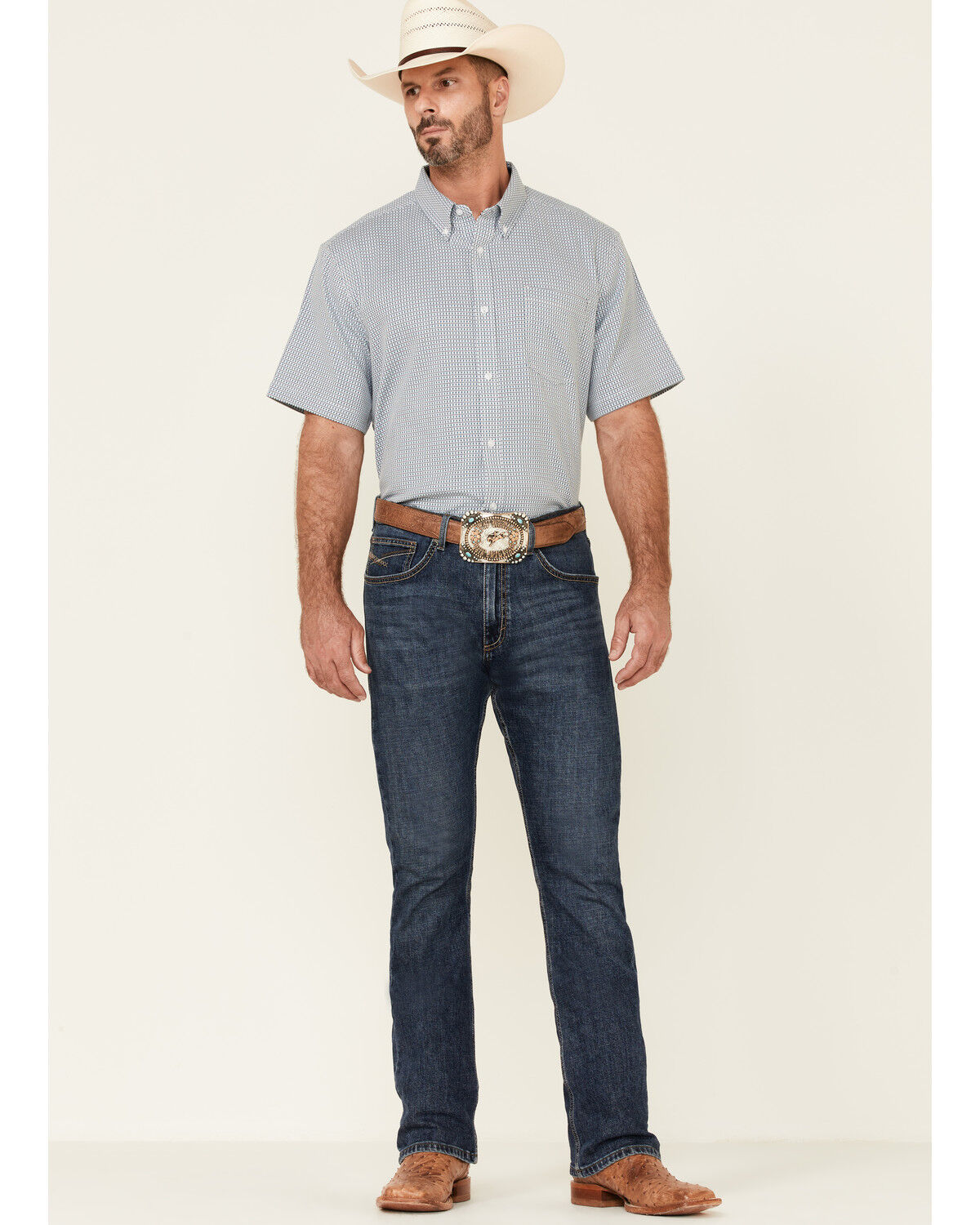 Image #2 - Cody James Core Men's Clovis Dobby Geo Print Short Sleeve Button Down Western Shirt, Blue, hi-res