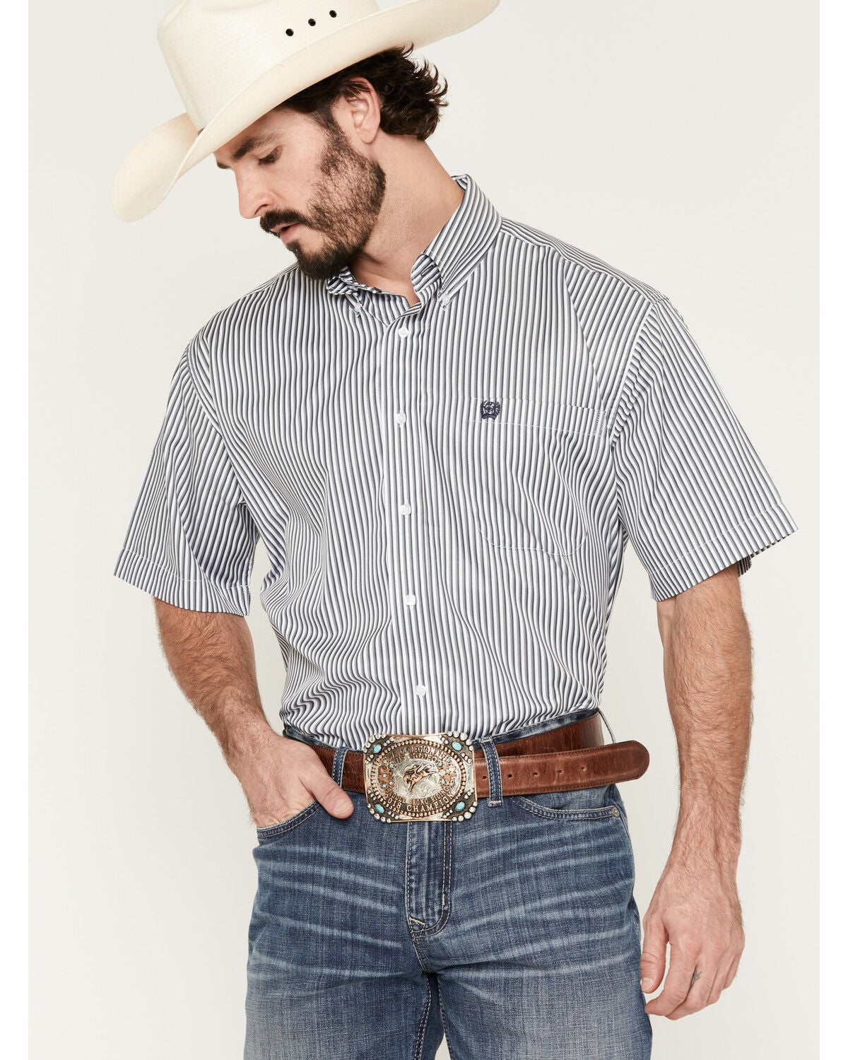 Cinch Men's Boot Barn Exclusive Striped Short Sleeve Button-Down Western Shirt, Blue, hi-res