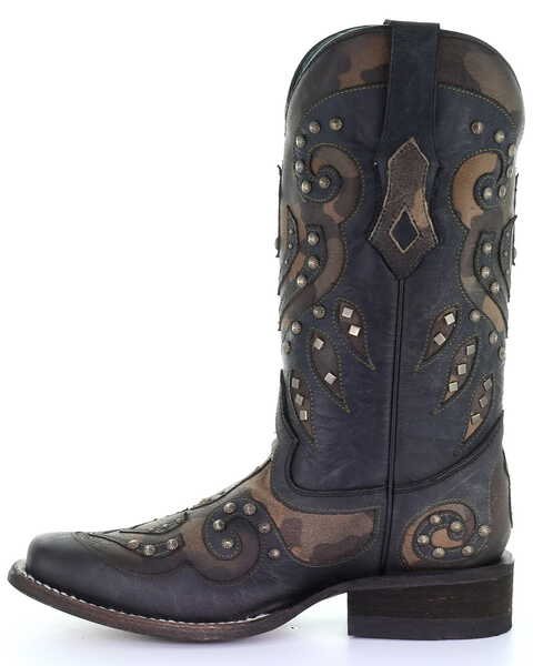 Image #3 - Corral Women's Camo Inlay With Studs Western Boots - Square Toe, Black, hi-res