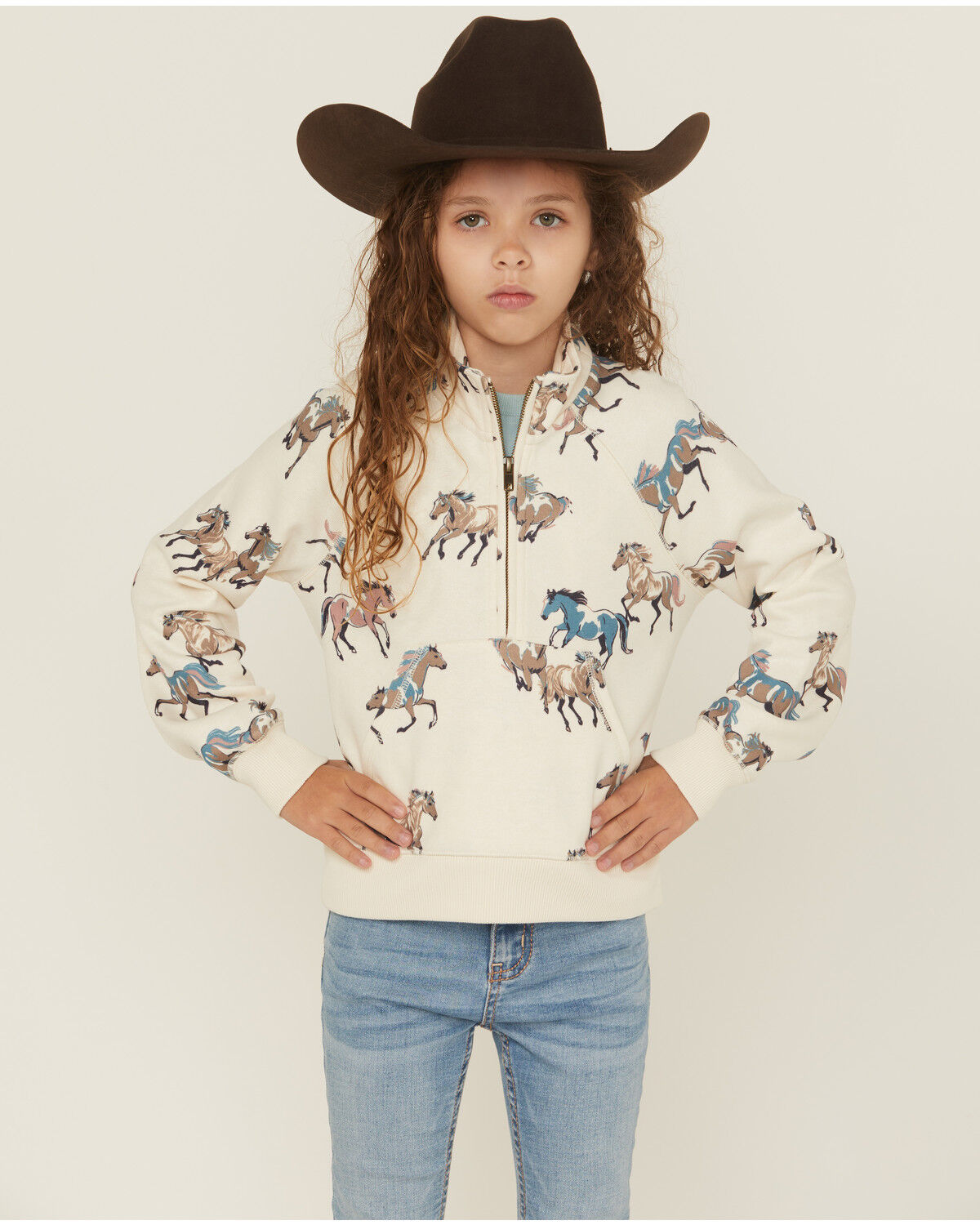 Image #1 - Shyanne Girls' Horse Print Half Zip Pullover, Cream, hi-res