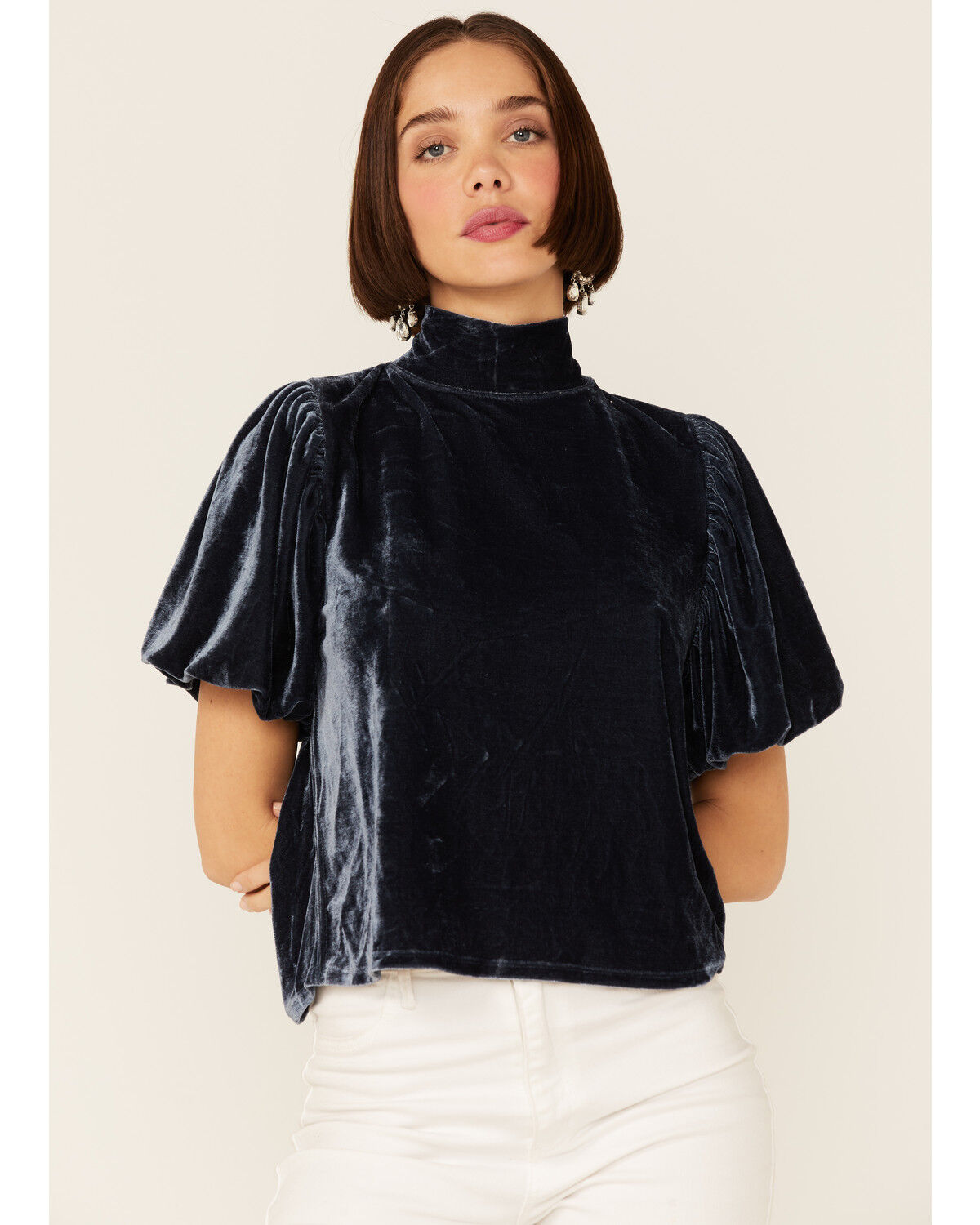 Image #1 - Free People Women's Velvet Knit Claudia Puff Short Sleeve Tee, Navy, hi-res