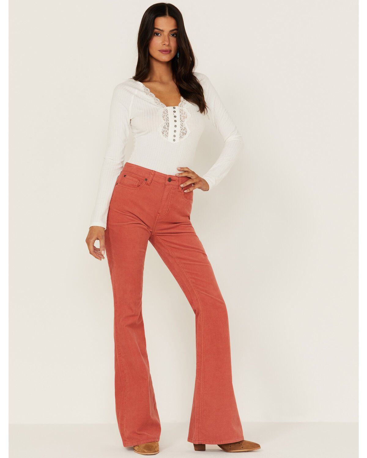 Image #1 - Idyllwind Women's High Risin' Flare Stretch Corduroy Jeans, Brick Red, hi-res