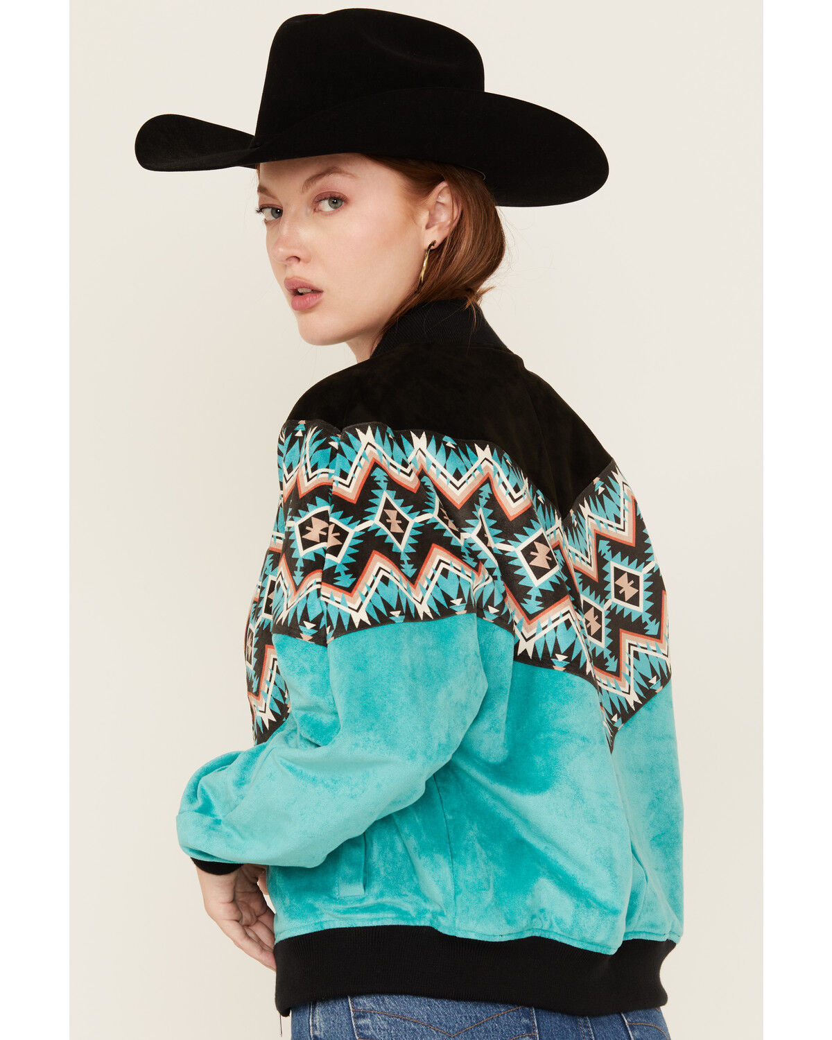 Image #4 - Rock & Roll Denim Women's Southwestern Print Faux Suede Bomber Jacket, Turquoise, hi-res