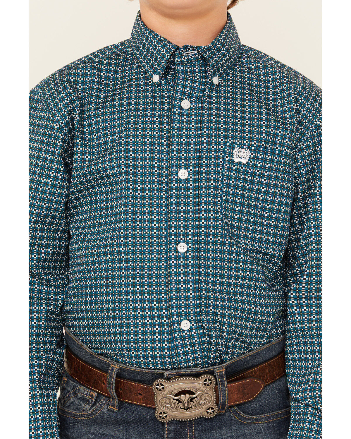 Image #3 - Cinch Boys' Geo Print Long Sleeve Button-Down Western Shirt, Teal, hi-res