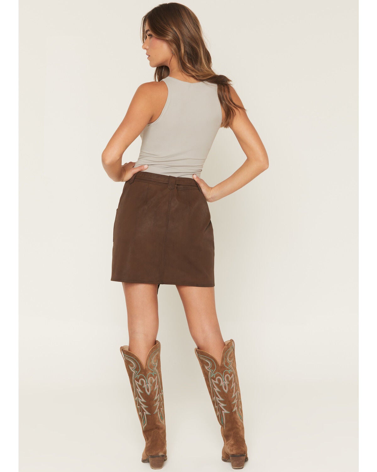 Image #3 - Shyanne Women's Taylor Distressed Faux Leather Belted Mini Skirt, Brown, hi-res