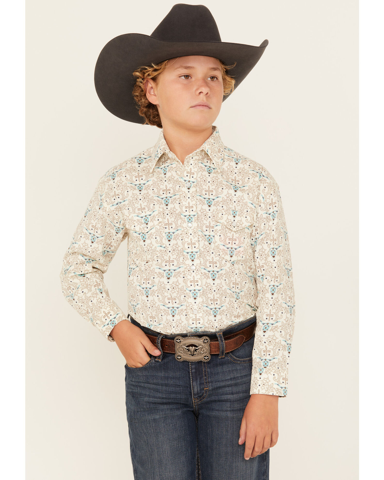 Tan pearl snap shirt deals