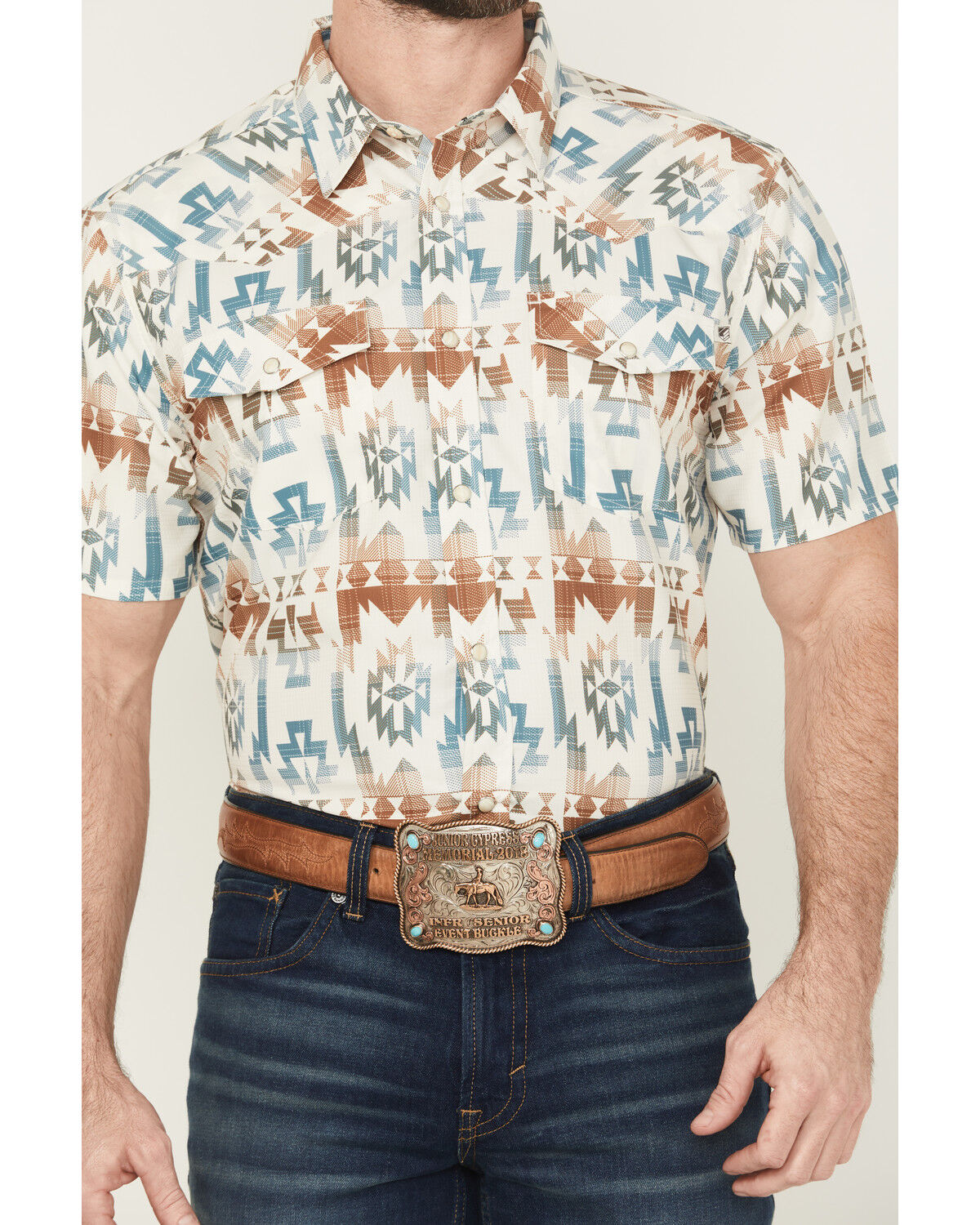 Image #3 - RANK 45® Men's Everglades Southwestern Print Short Sleeve Snap Performance Western Shirt, Ivory, hi-res