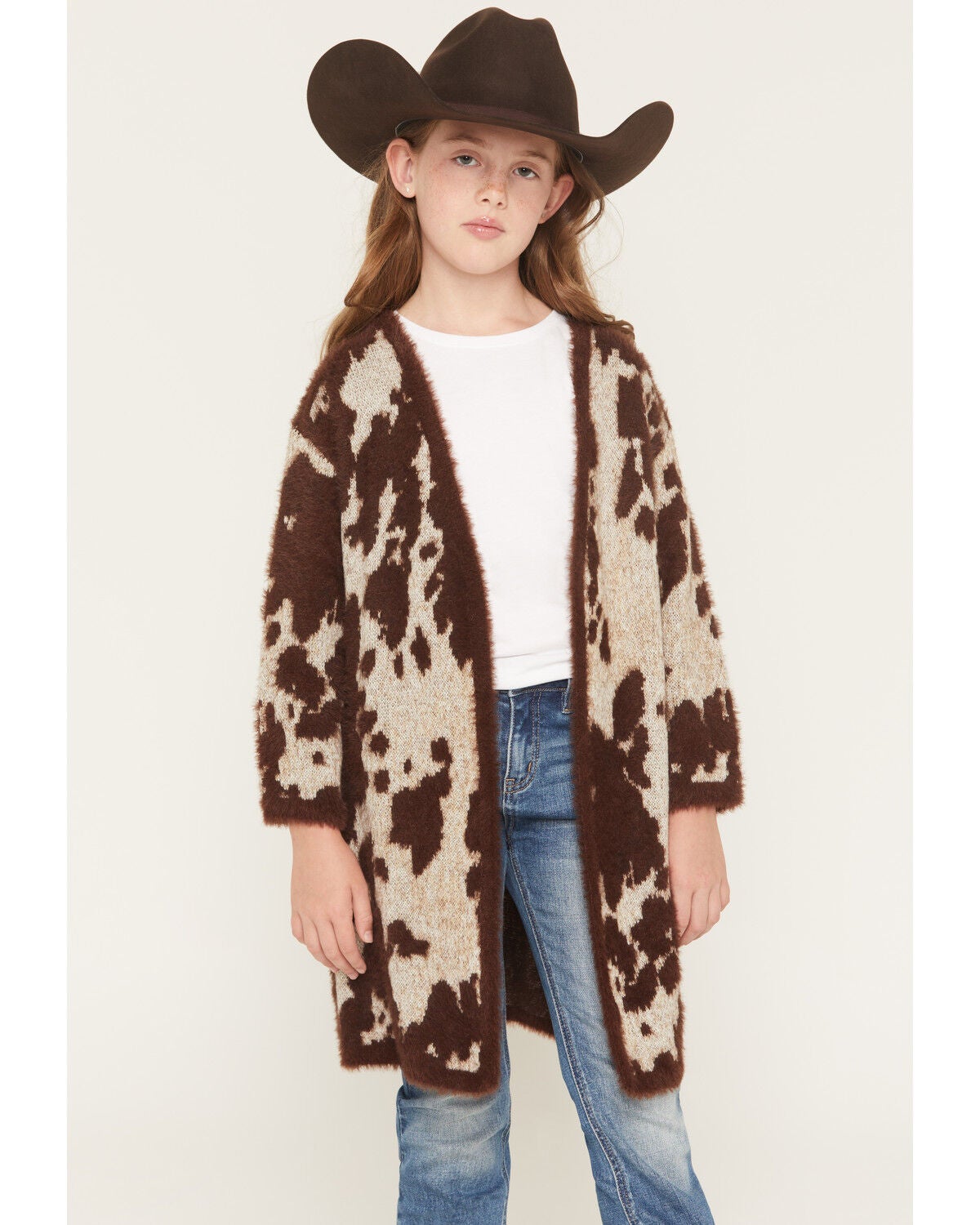 Shyanne Girls' Nellie Cow Print Eyelash Knit Cardigan, Brown, hi-res