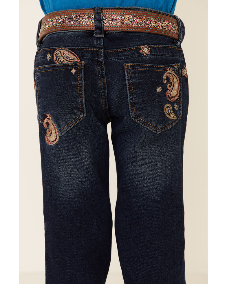 Grace In LA Girls' Dark Paisley Embroidered Pocket Bootcut Jeans , Blue, hi-res