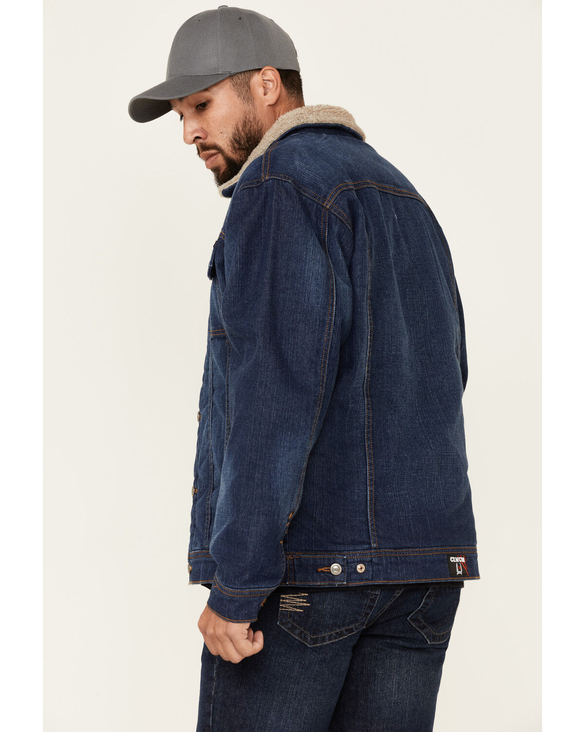Image #4 - Cinch Men's FR Stretch Denim Sherpa Lined Trucker Work Jacket, Indigo, hi-res