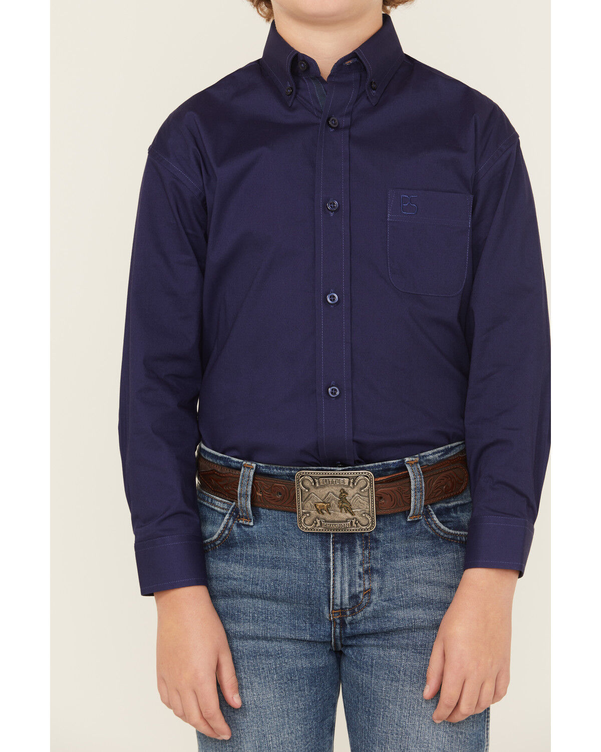 Image #2 - Panhandle Boys' Solid Long Sleeve Button-Down Stretch Western Shirt, Blue, hi-res