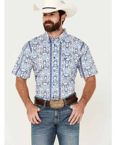 Cowboy Hardware Men's Hawaiian Floral Print Short Sleeve Button-Down Western Shirt, Blue, hi-res
