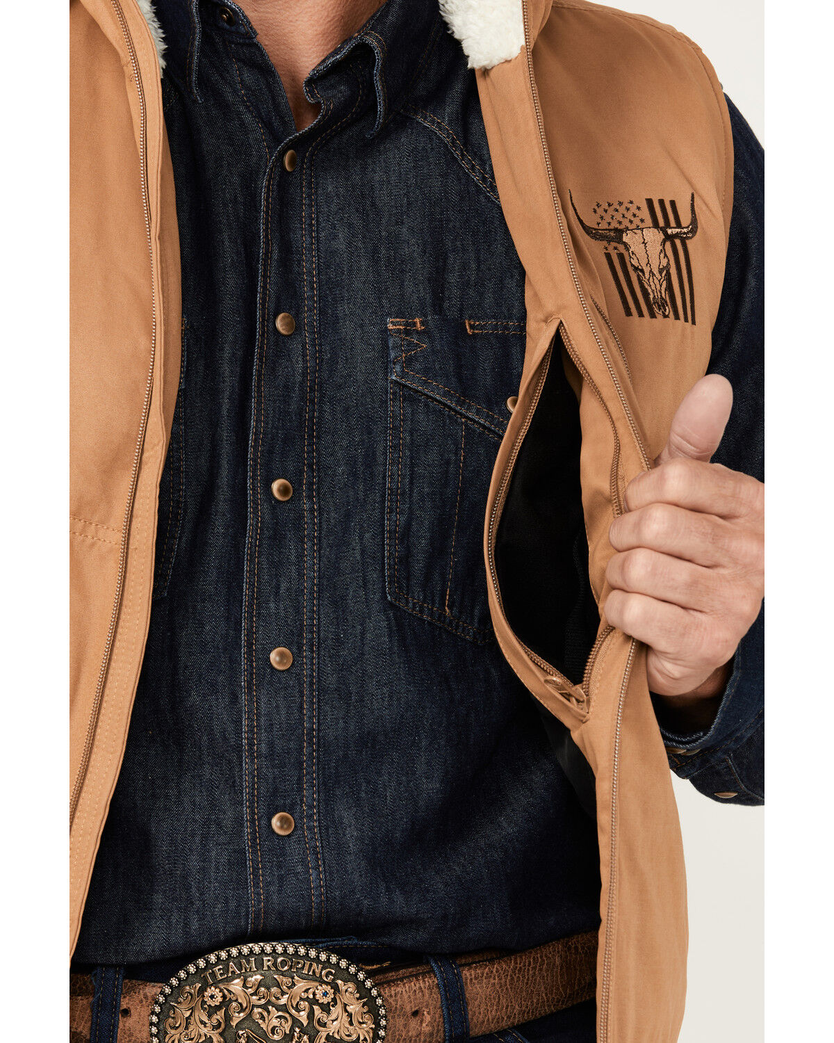 Image #3 - Cowboy Hardware Men's Embroidered Conceal Carry Softshell Vest, Tan, hi-res