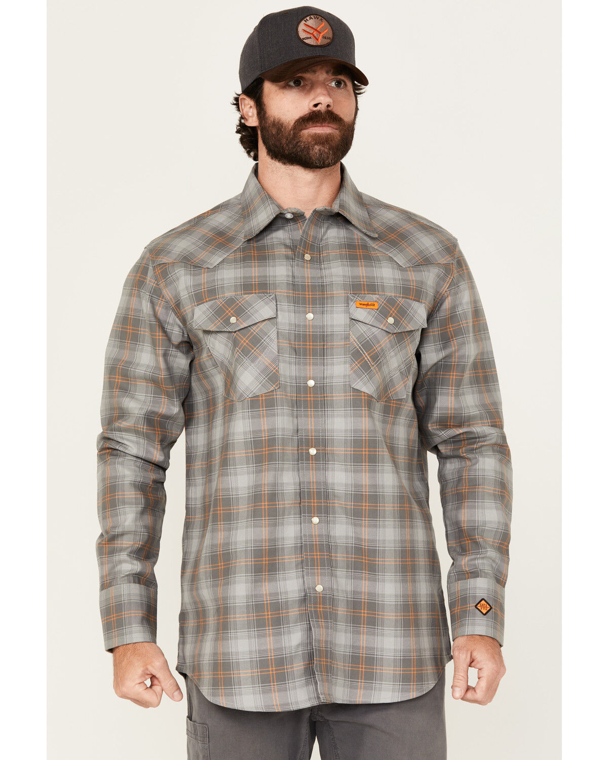 Image #1 - Wrangler Men's FR Plaid Print Long Sleeve Snap Work Shirt, Grey, hi-res