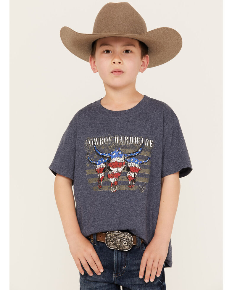 Cowboy Hardware Boys' Triple Flag Skull Graphic T-Shirt, Heather Blue, hi-res